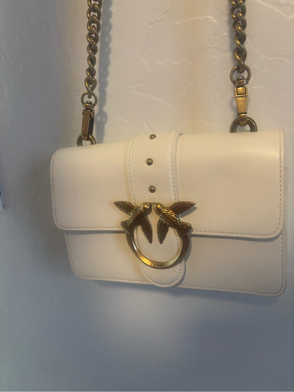 Pinko Cream Leather Love Birds Crossbody Bag with Gold Hardware
